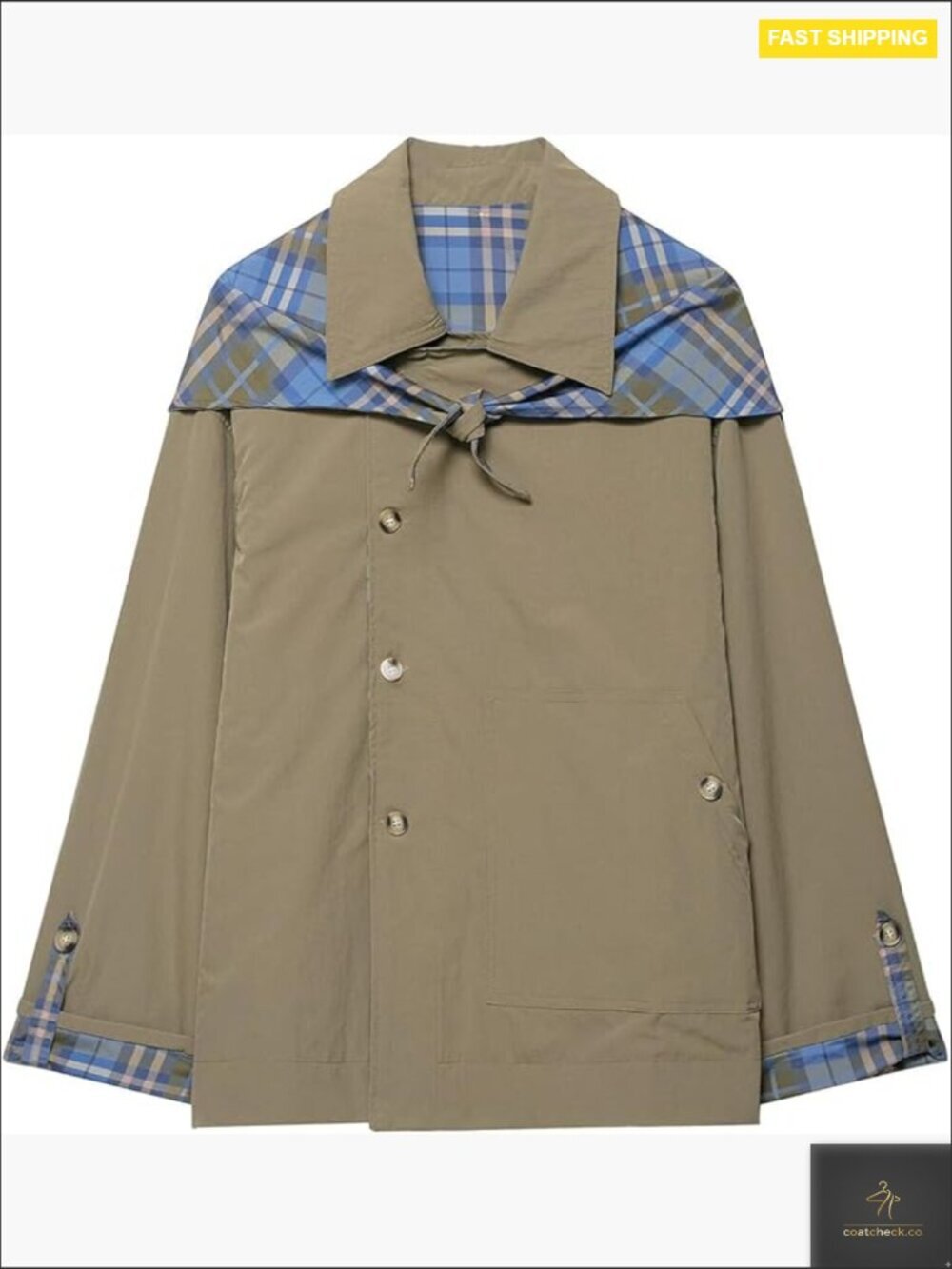 Reversible Cropped Trench Coat Oversized Plaid Notch Collar Short Jacket Pockets